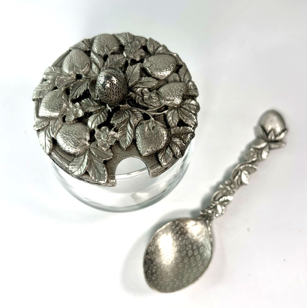 Vtg Strawberry Pewter & Glass Jam Jar Matching Spoon USA Cottage Country Garden